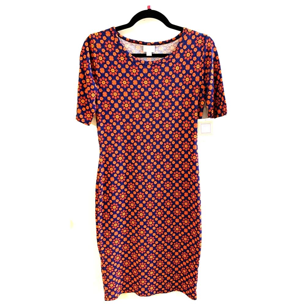 NEW LuLaRoe Floral CARLY Maxi  Dress Size Small Scoop Neck Navy Blue & Orange